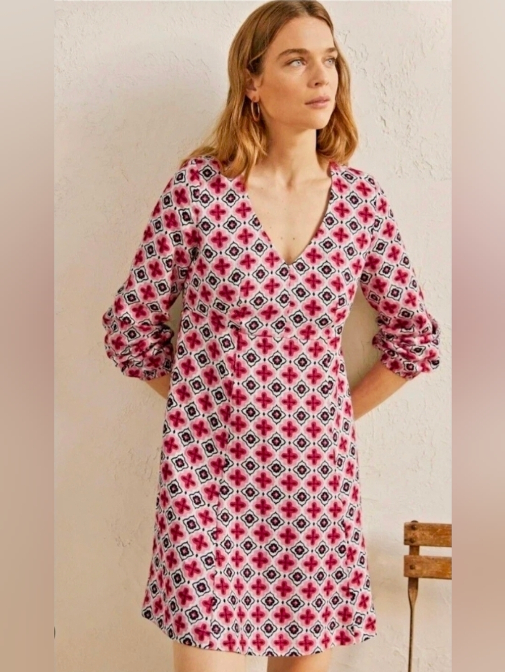 Boden Pink and White Geometric V-Neck Dress